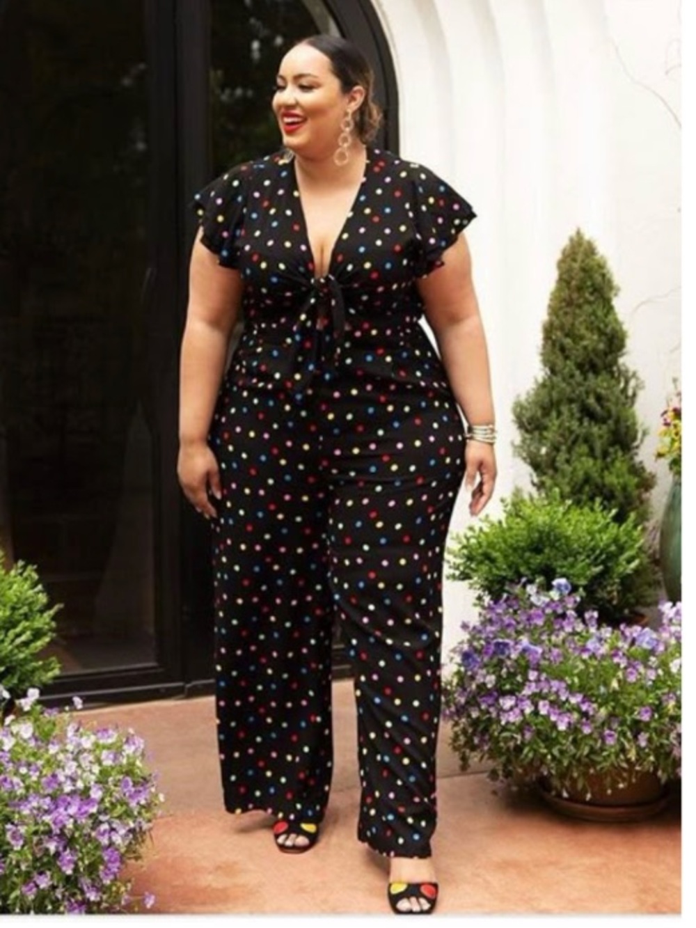 NWT Eloquii Rainbow Polka Dot Keyhole Bow Wide Leg Jumpsuit Black 18